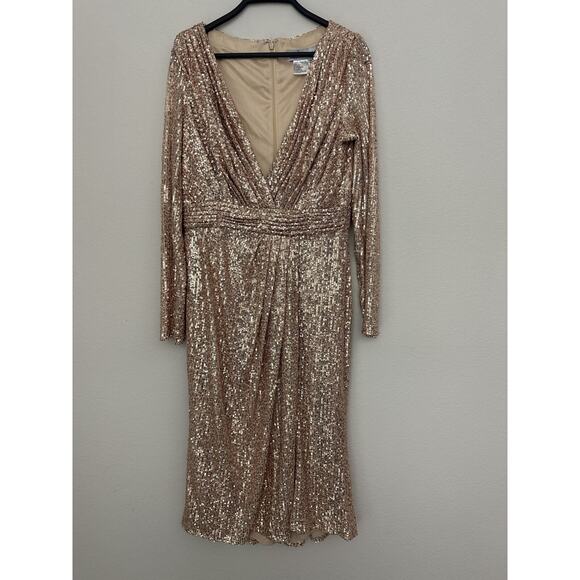 Mac Duggal Gold Sequin V-Neck Long Sleeve Evening Dress Size 10 - Picture 1 of 7